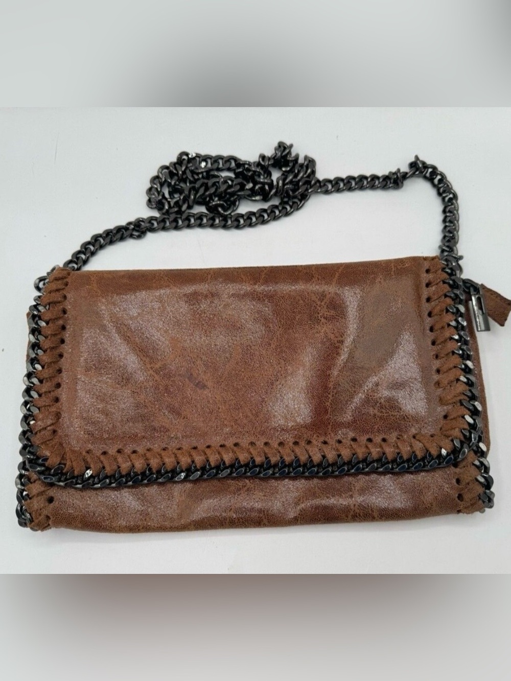 Brown Whipstitch Crossbody Bag with Chain Strap